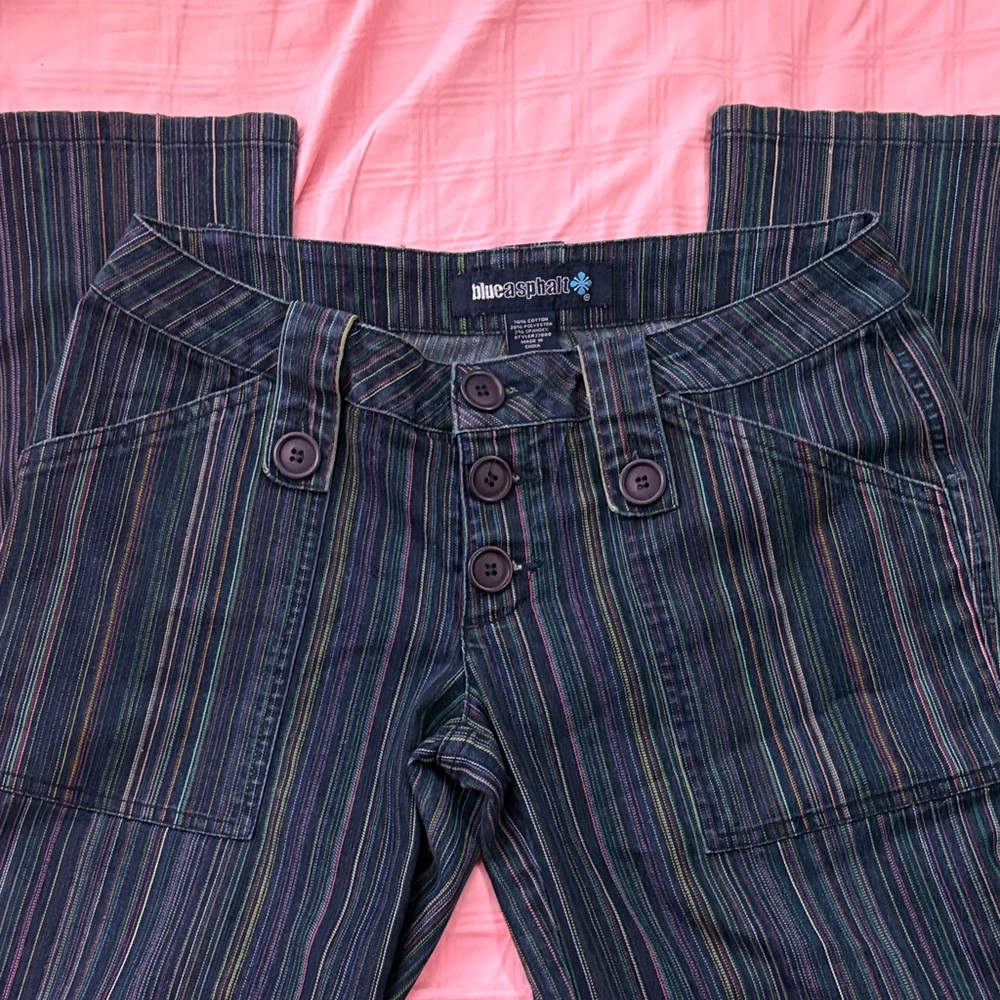 Blue Asphalt Striped Flare Jeans with Button Detail
